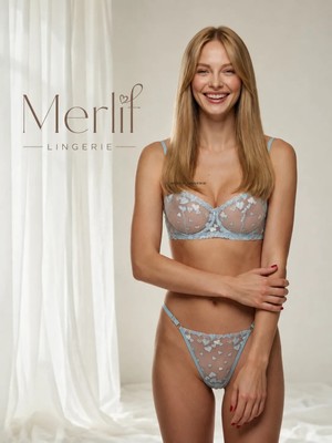 Merlif Lingerie Mavi Kalpli Brode Tül  Fantazii Iç Çamaşır Takımı (Bralette Sütyen&tanga) İç Giyim Seksiii