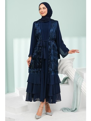 İmaj Butik Lacivert Eteği Katlı Fırfırlı Ikili Abaya Takım