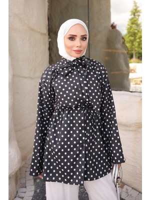 İmaj Butik Siyah Yaka Bağlamalı Puantiyeli Gömlek