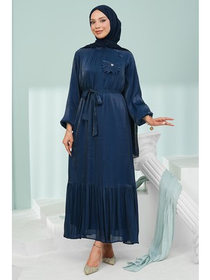 İmaj Butik Lacivert Çiçek Bronşlu Şifon Elbise