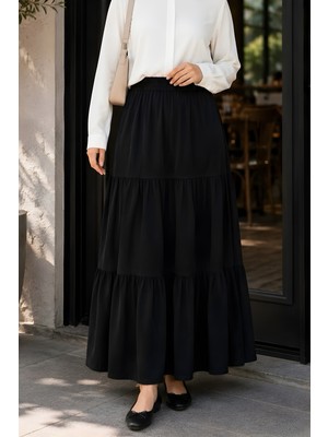 İmaj Butik Siyah Bel Lastikli Katlı Tencel Etek