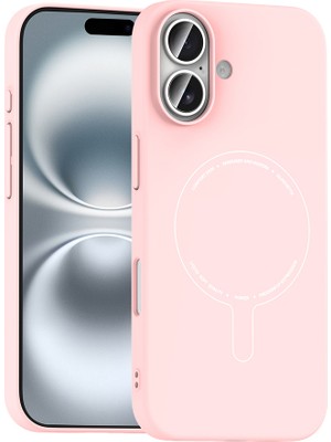 Teknook iPhone 16 Kılıf M-Safe Şarj Özellikli Kamera Korumalı Zore Elio Sert Pc Kılıf - Açık Pembe