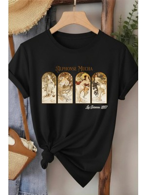L'eivor Alphonse Mucha Baskılı Kadın Pamuk T-Shirt