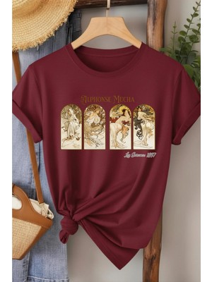 L'eivor Alphonse Mucha Baskılı Kadın Pamuk T-Shirt