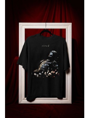 L'eivor Tired Yorgun Savaşçı Tasarım Baskılı Erkek Siyah Pamuk T-Shirt