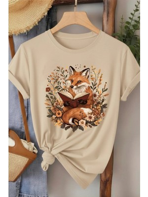 L'eivor Kitap & Tilki Baskılı Kadın Pamuk T-Shirt