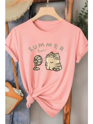 L'eivor Summer Fan Kedi Baskılı Kadın Pamuk T-Shirt