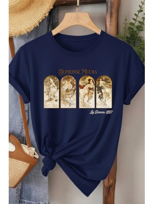 L'eivor Alphonse Mucha Baskılı Kadın Pamuk T-Shirt