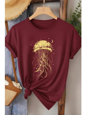 L'eivor Denizanası & Yıldız Baskılı Kadın Pamuk T-Shirt