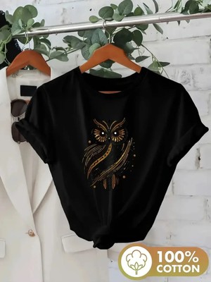 L'eivor Minimal Baykuş Baskılı Kadın Pamuk T-Shirt