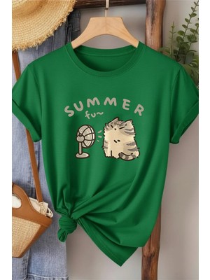 L'eivor Summer Fan Kedi Baskılı Kadın Pamuk T-Shirt
