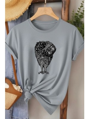 L'eivor Yan Bakan Baykuş Baskılı Kadın Pamuk T-Shirt