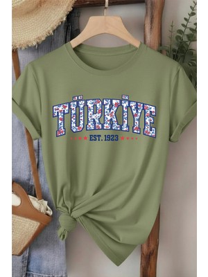 L'eivor Türkiye 1923 Özel Çini Tasarım Baskılı Kadın Pamuk T-Shirt