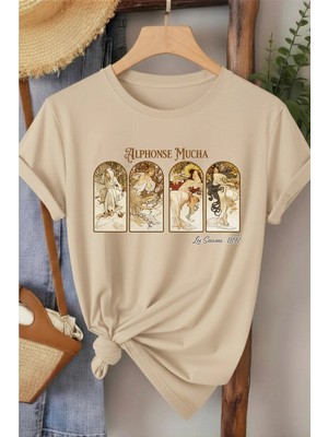 L'eivor Alphonse Mucha Baskılı Kadın Pamuk T-Shirt