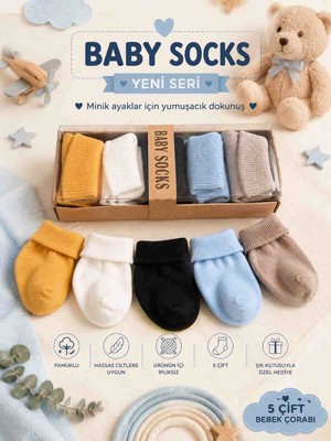 Baby Socks 5 Çift Unisex Pamuklu Ipliksiz Kutulu Bebek Çorabı 0-6 Ay