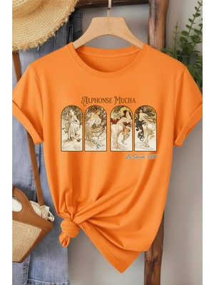 L'eivor Alphonse Mucha Baskılı Kadın Pamuk T-Shirt