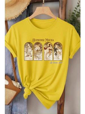 L'eivor Alphonse Mucha Baskılı Kadın Pamuk T-Shirt