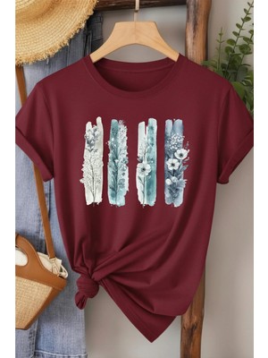 L'eivor Dörtlü Minimal Çiçek Tasarım Baskılı Kadın Pamuk T-Shirt