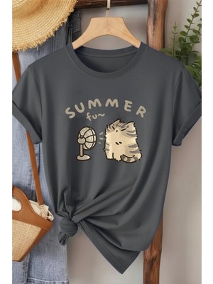 L'eivor Summer Fan Kedi Baskılı Kadın Pamuk T-Shirt