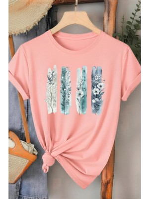 L'eivor Dörtlü Minimal Çiçek Tasarım Baskılı Kadın Pamuk T-Shirt