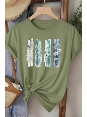 L'eivor Dörtlü Minimal Çiçek Tasarım Baskılı Kadın Pamuk T-Shirt