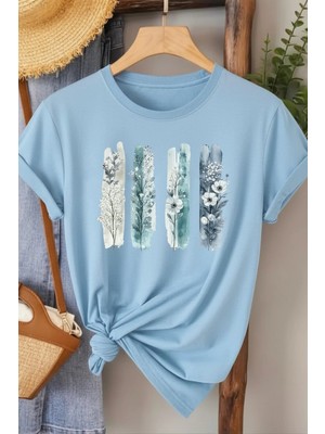 L'eivor Dörtlü Minimal Çiçek Tasarım Baskılı Kadın Pamuk T-Shirt