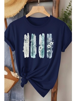 L'eivor Dörtlü Minimal Çiçek Tasarım Baskılı Kadın Pamuk T-Shirt