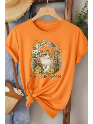 L'eivor I' M Feline Good Kedi Baskılı Kadın Pamuk T-Shirt