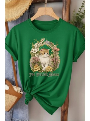 L'eivor I' M Feline Good Kedi Baskılı Kadın Pamuk T-Shirt