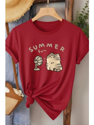 L'eivor Summer Fan Kedi Baskılı Kadın Pamuk T-Shirt