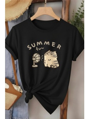 L'eivor Summer Fan Kedi Baskılı Kadın Pamuk T-Shirt
