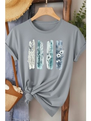 L'eivor Dörtlü Minimal Çiçek Tasarım Baskılı Kadın Pamuk T-Shirt