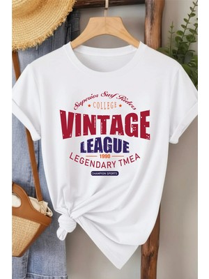 L'eivor Vintage League Baskılı Kadın %100 Pamuk T-Shirt