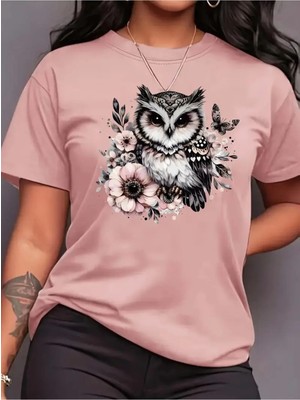 L'eivor Baykuş & Kelebek Baskılı Kadın Pamuk T-Shirt
