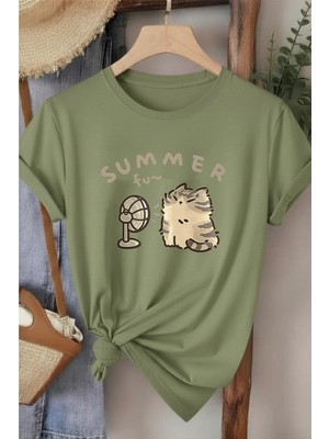 L'eivor Summer Fan Kedi Baskılı Kadın Pamuk T-Shirt