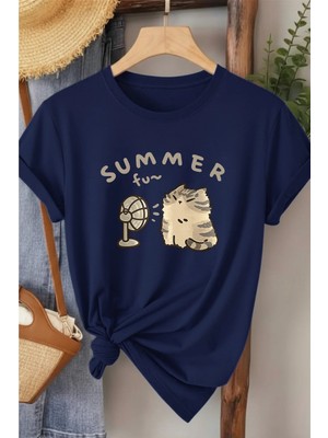 L'eivor Summer Fan Kedi Baskılı Kadın Pamuk T-Shirt
