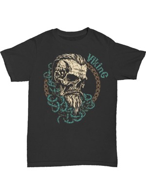 L'eivor Vikings Kafatası Baskılı Siyah Pamuk T-Shirt