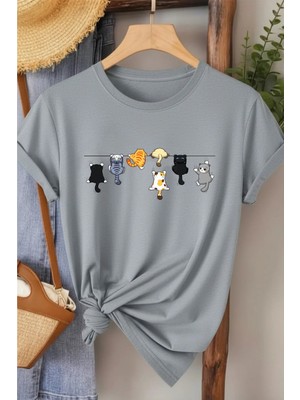 L'eivor Tırmanan Kediler Baskılı Kadın Beyaz Pamuk T-Shirt