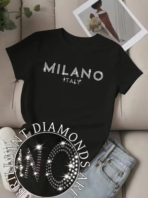 L'eivor Parlak Taş Milano Baskılı Kadın Pamuk T-Shirt