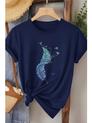 L'eivor Kuş Tüyü Tasarım Baskılı Kadın T-Shirt