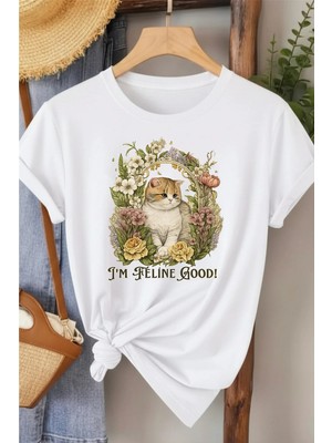 L'eivor I' M Feline Good Kedi Baskılı Kadın Pamuk T-Shirt