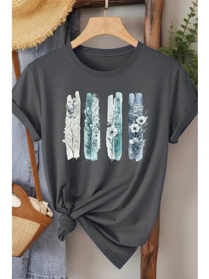 L'eivor Dörtlü Minimal Çiçek Tasarım Baskılı Kadın Pamuk T-Shirt
