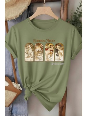 L'eivor Alphonse Mucha Baskılı Kadın Pamuk T-Shirt