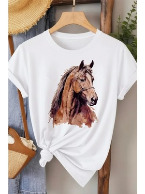 L'eivor At Baskılı Kadın Bej Pamuk T-Shirt