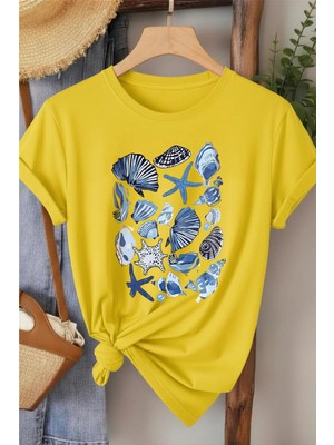 L'eivor Deniz Kabuğu & Deniz Yıldızı Baskılı Kadın Pamuk T-Shirt