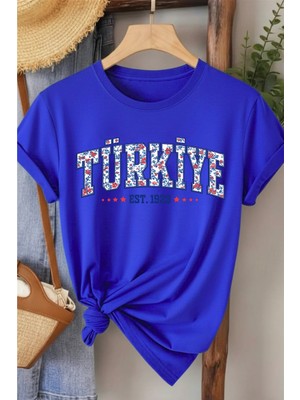 L'eivor Türkiye 1923 Özel Çini Tasarım Baskılı Kadın Pamuk T-Shirt