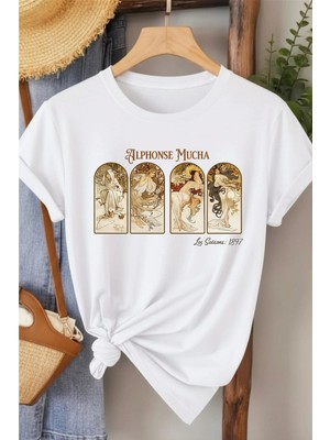 L'eivor Alphonse Mucha Baskılı Kadın Pamuk T-Shirt