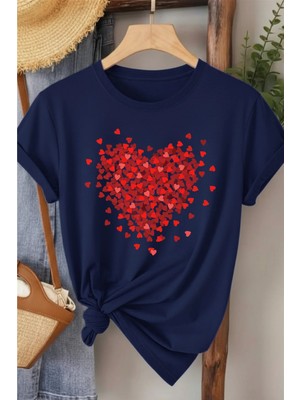 L'eivor Serpiştirilmiş Minimal Kalp Tasarım Baskılı Kadın Pamuk T-Shirt