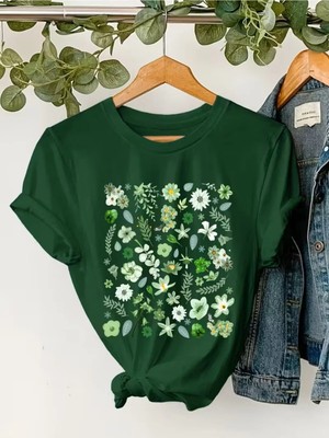L'eivor Çoklu Çiçek Ana Renk Uyumlu Baskılı Kadın Pamuk T-Shirt