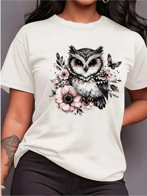 L'eivor Baykuş & Kelebek Baskılı Kadın Pamuk T-Shirt